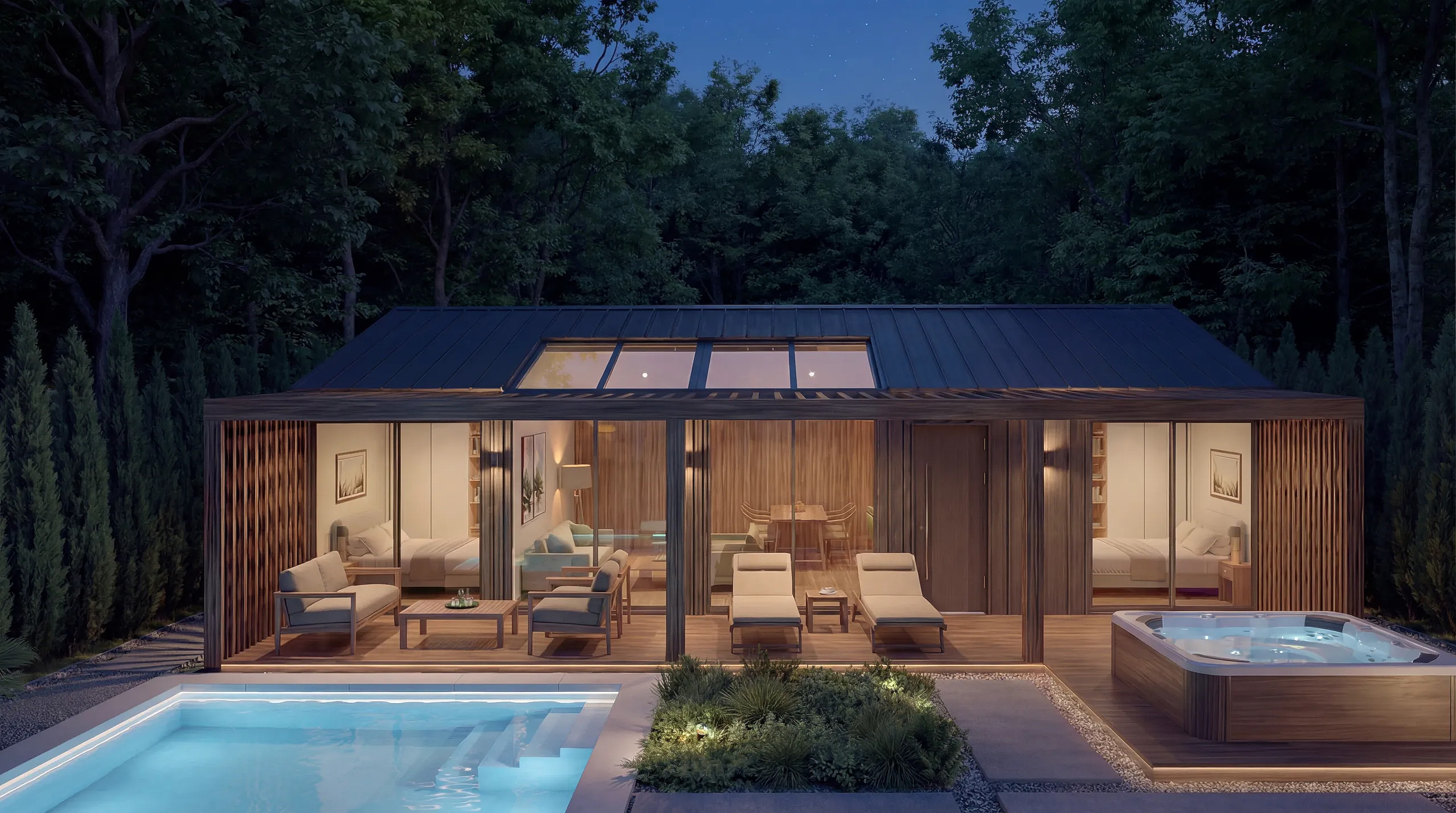 Modular house with a pool at night